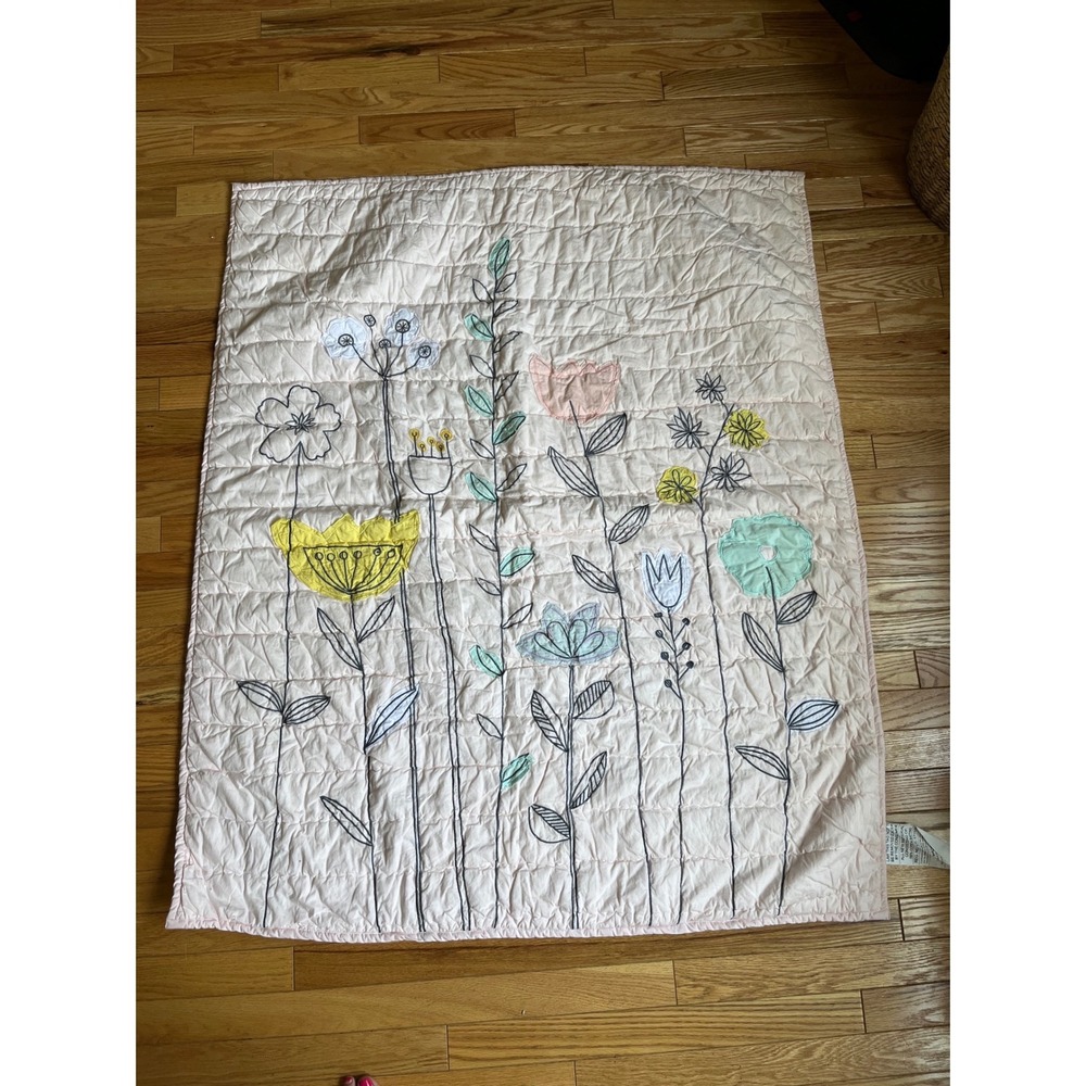 Crate & Kids Pink Floral Embroidered Cotton Baby Quilt Blanket 35x44 Garden